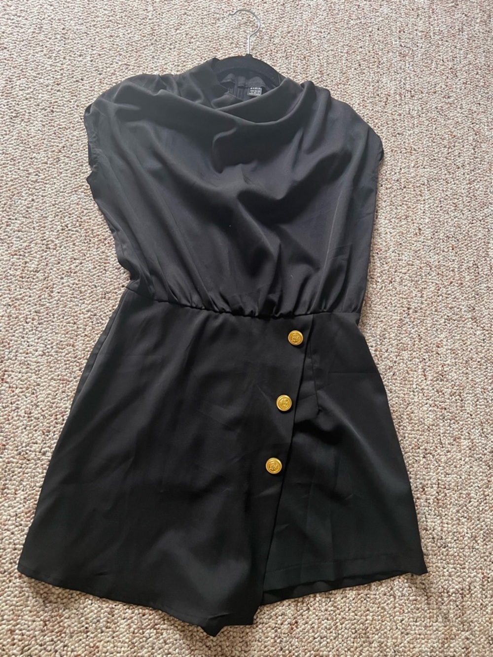 SHEIN Black Sleeveless Romper with Gold Button Detail